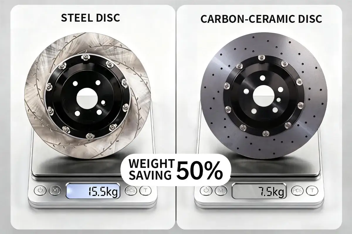 Stahlbremsscheibe (15,5kg) vs. Carbon-Keramik-Bremsscheibe (7,5kg). Das zeigt das enorme bremsscheiben gewicht Einsparpotenzial.