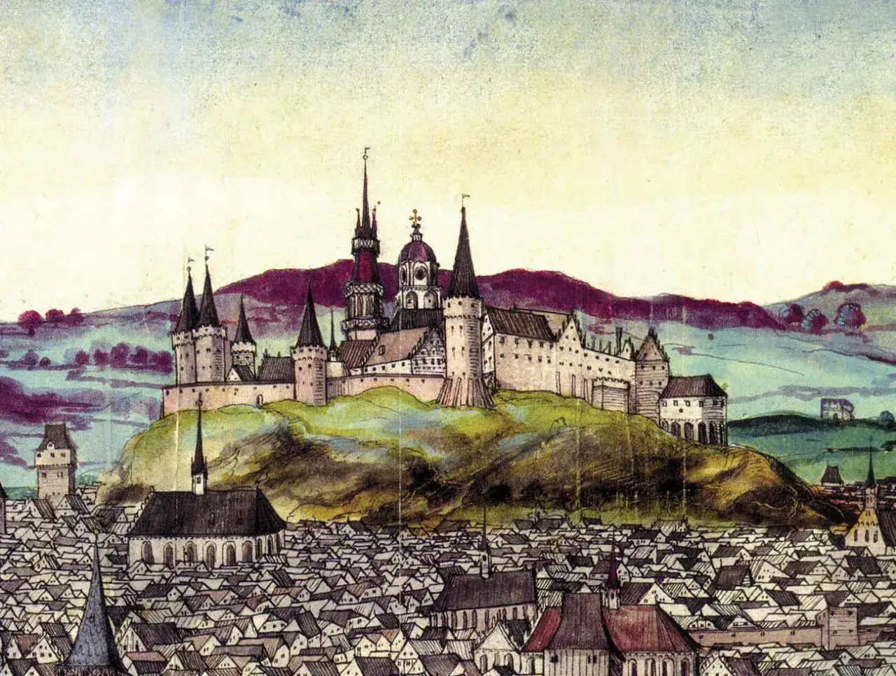 Widok zamku na wzg&oacute;rzu nad miastem. Ile lat ma Krak&oacute;w? Ta stara rycinia pokazuje jego dawne oblicze.