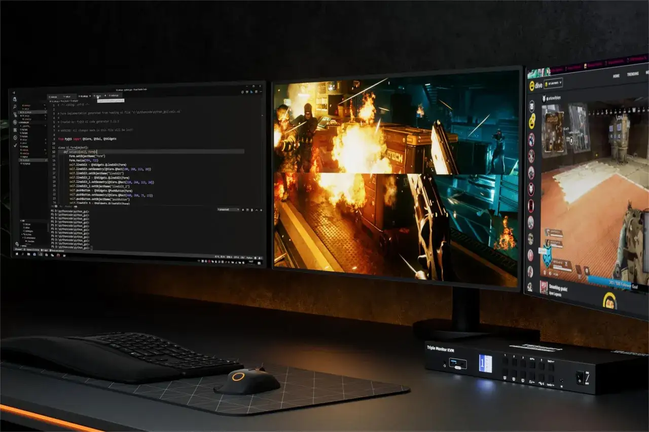 Trzy monitory: kodowanie, gra akcji z wybuchami i stream na żywo. Bezproblemowe przełączanie dzięki KVM, idealne do gier z vsync.