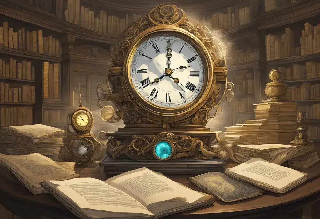 Złoty zegar w bibliotece, otoczony stertami książek, sugeruje fascynujące książki o podróżach w czasie.