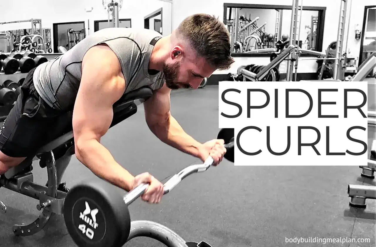 Man utför spider curls med en skivstång på ett gym.