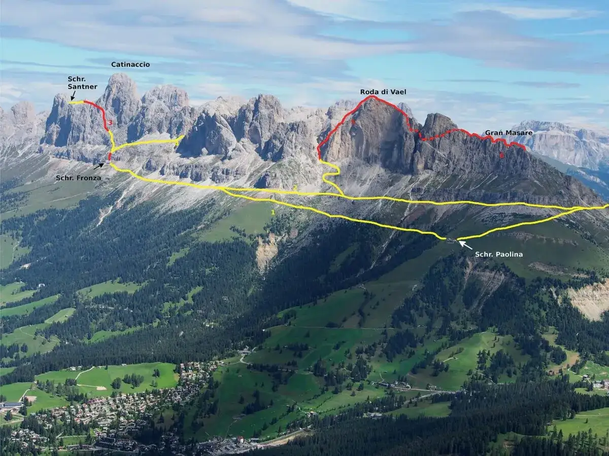 Widok na Dolomity z zaznaczonymi trasami via ferrata. Widoczne szczyty Catinaccio, Roda di Vael, Gran Masare, schroniska Santner, Fronza i Paolina.