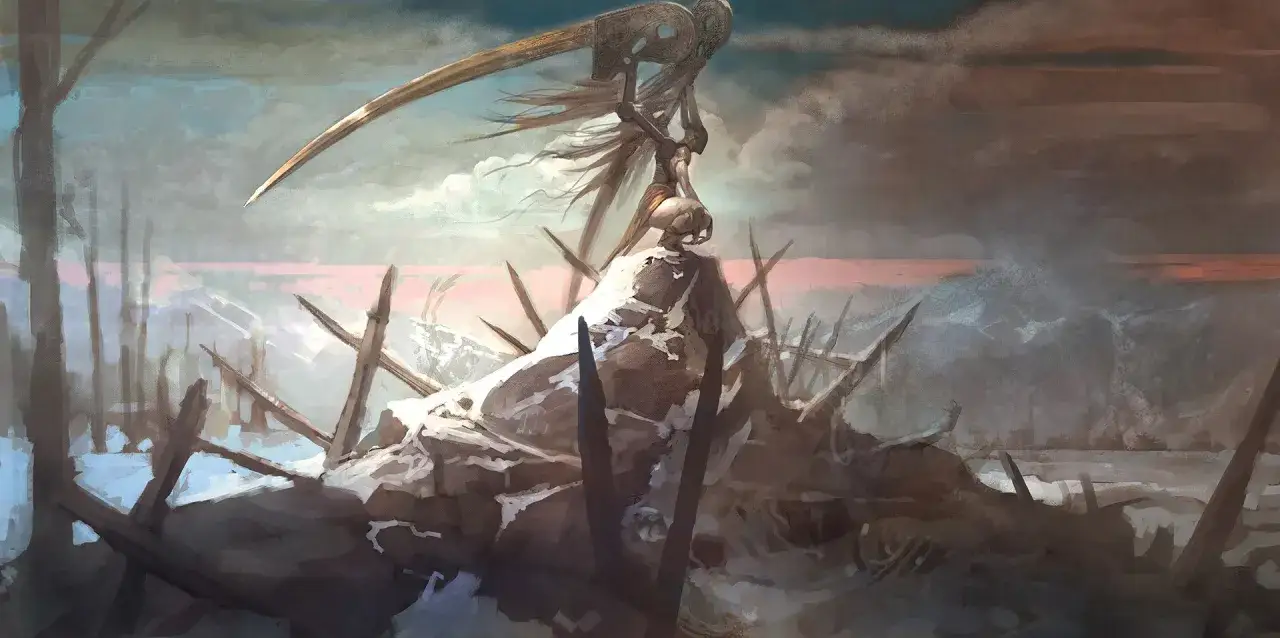 Una figura scheletrica con una falce imponente, forse il **god of war 6**, domina un paesaggio desolato e innevato, circondato da rovine.