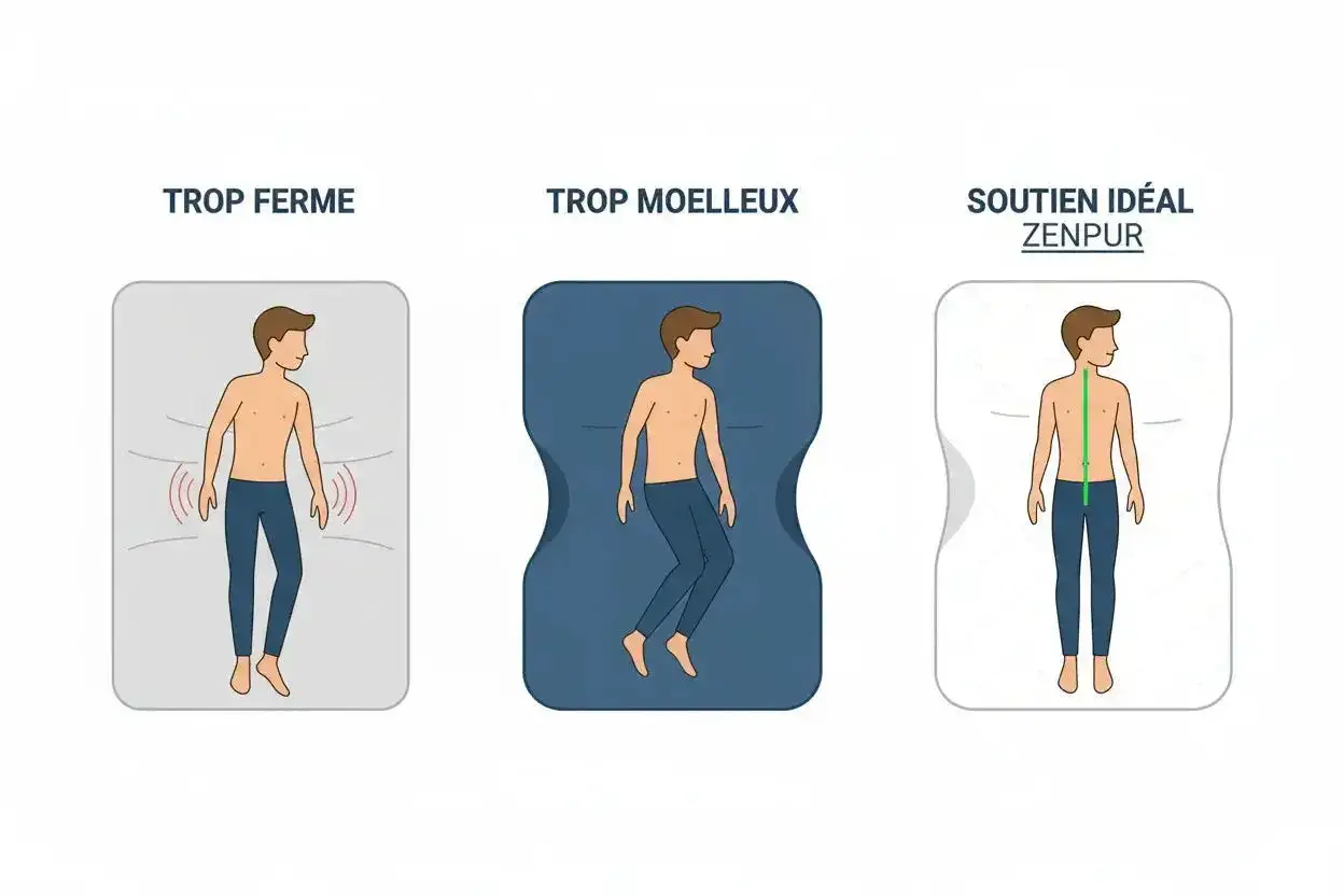 Illustration montrant un matelas trop ferme, trop moelleux et le soutien idéal d'un matelas orthopédique.