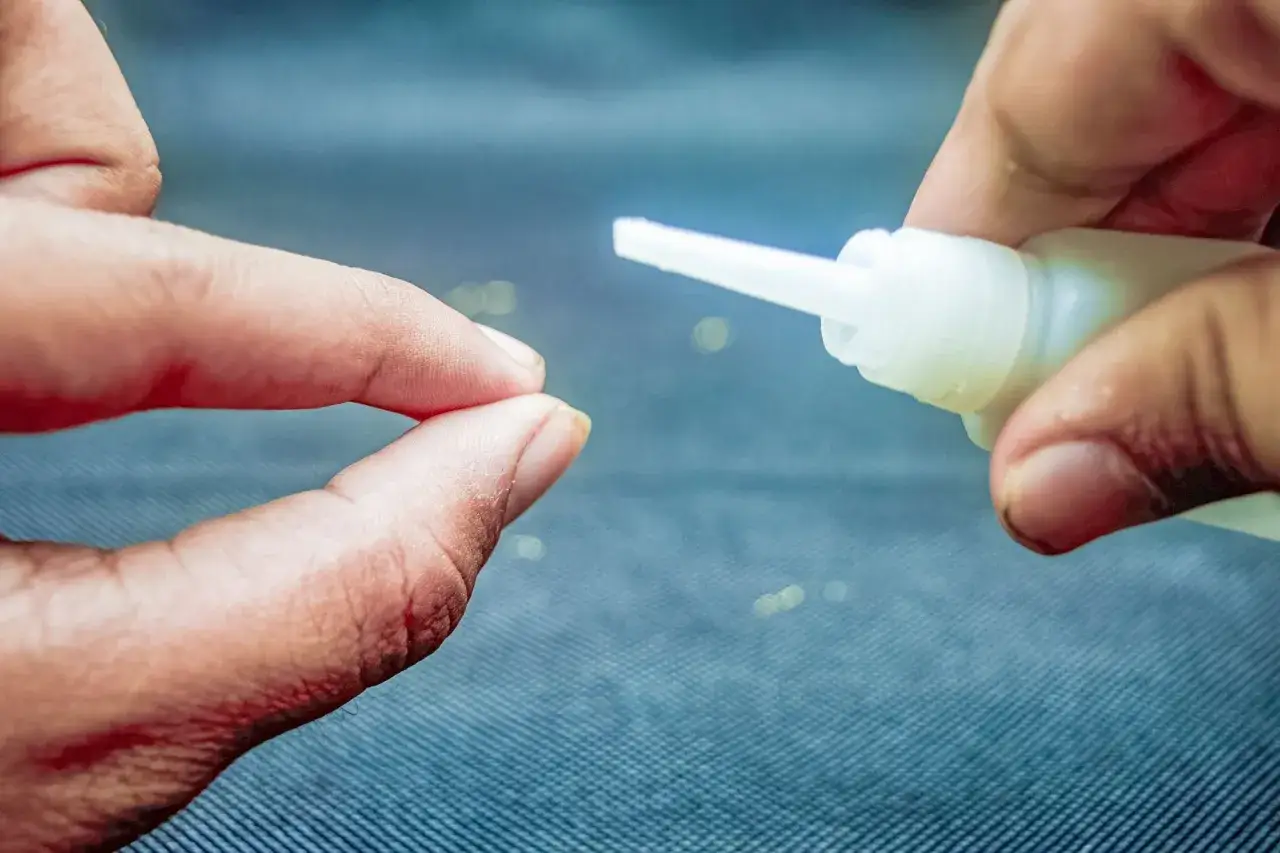 Doigts collés par de la colle glue. Astuce pour enlever la colle : frotter doucement avec de l'huile ou du savon.