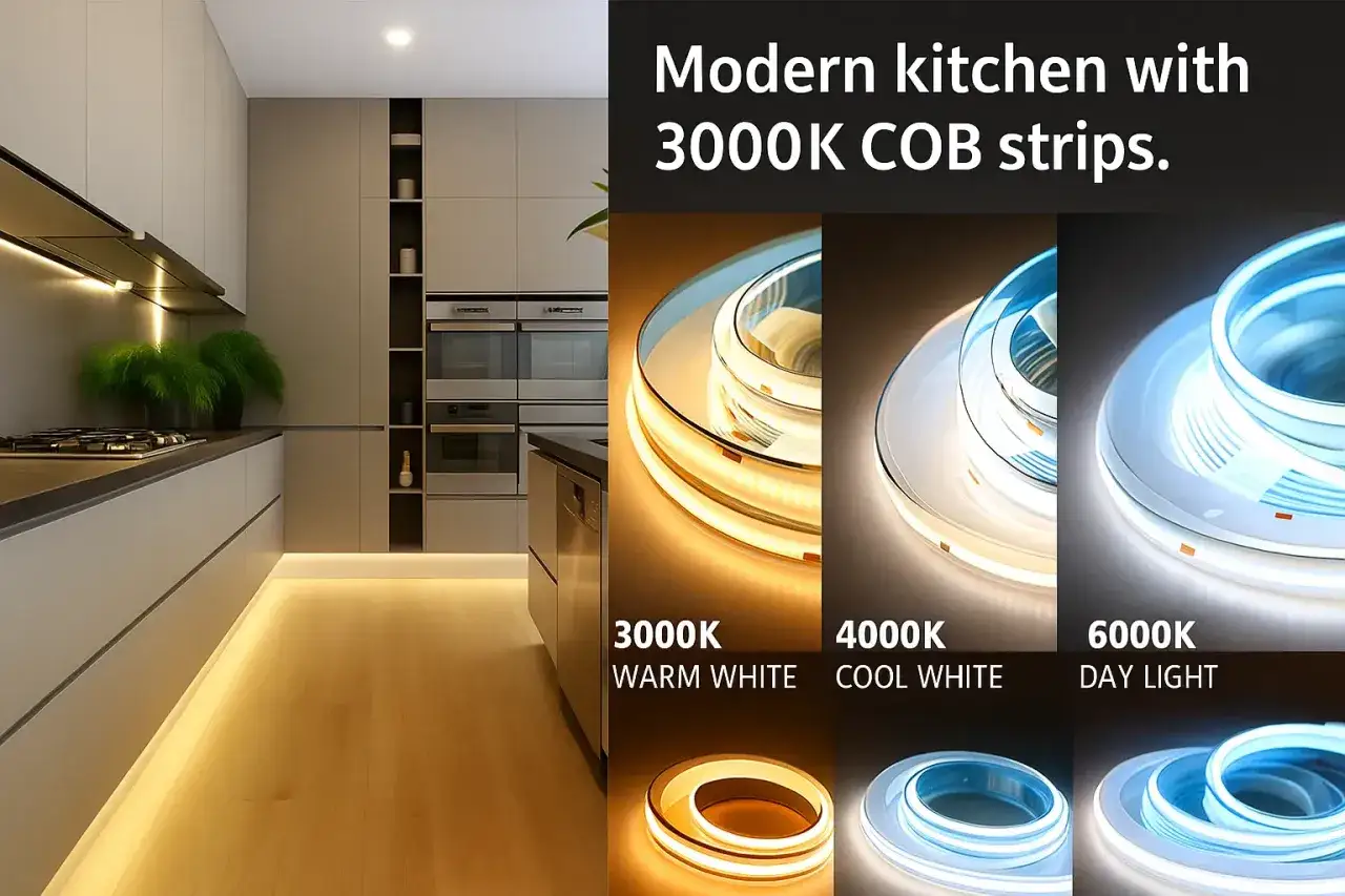 Modern kitchen illuminated by 3000K COB strips, showcasing warm white lighting. What is cob light used for? Accent lighting and ambiance.