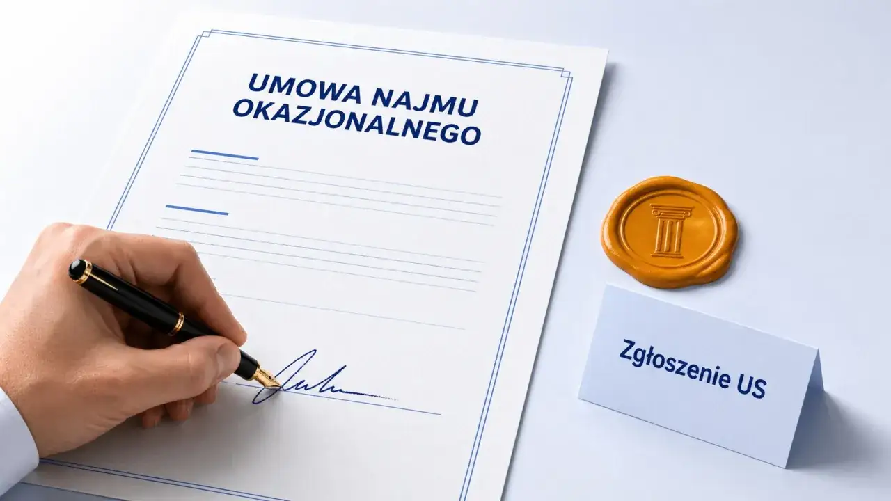 Podpisanie umowy najmu okazjonalnego, z pieczęcią i zgłoszeniem US, podkreśla rygor egzekucji.