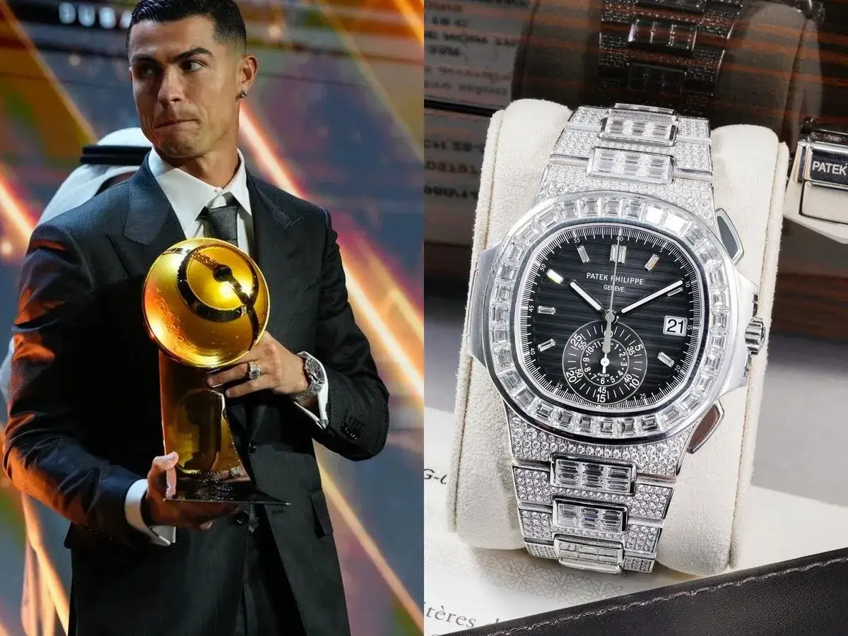 Cristiano Ronaldo, con un trofeo dorado, luce un lujoso reloj de diamantes, un reloj de Ronaldo 2 millones.