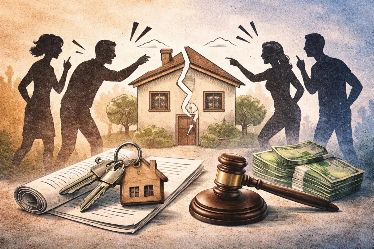 Coppie in lite davanti a una casa divisa, con chiavi, soldi e martelletto del giudice. Un immobile in comproprietà abitato da un solo proprietario, un incubo legale.