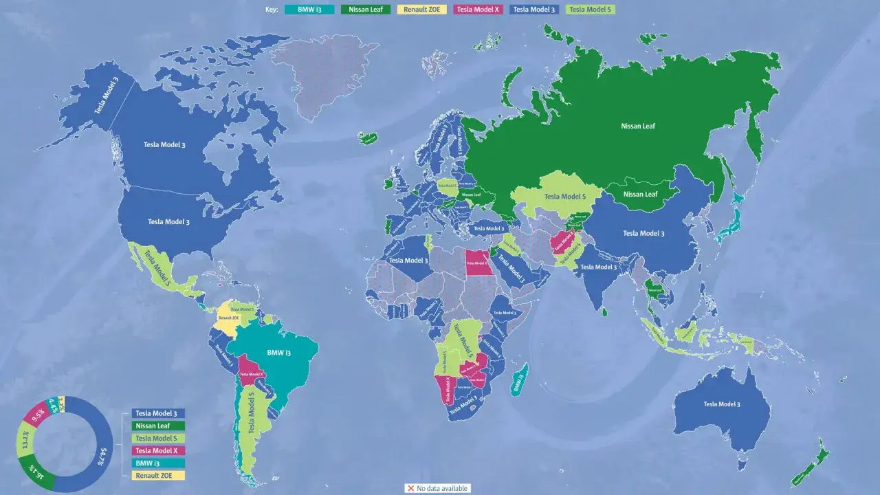 Mappa mondiale che mostra la distribuzione dei modelli di auto elettriche più popolari per paese. La Tesla Model 3 domina in Nord America, Europa e Asia, indicando una crescente **percentuale auto elettriche nel mondo**.
