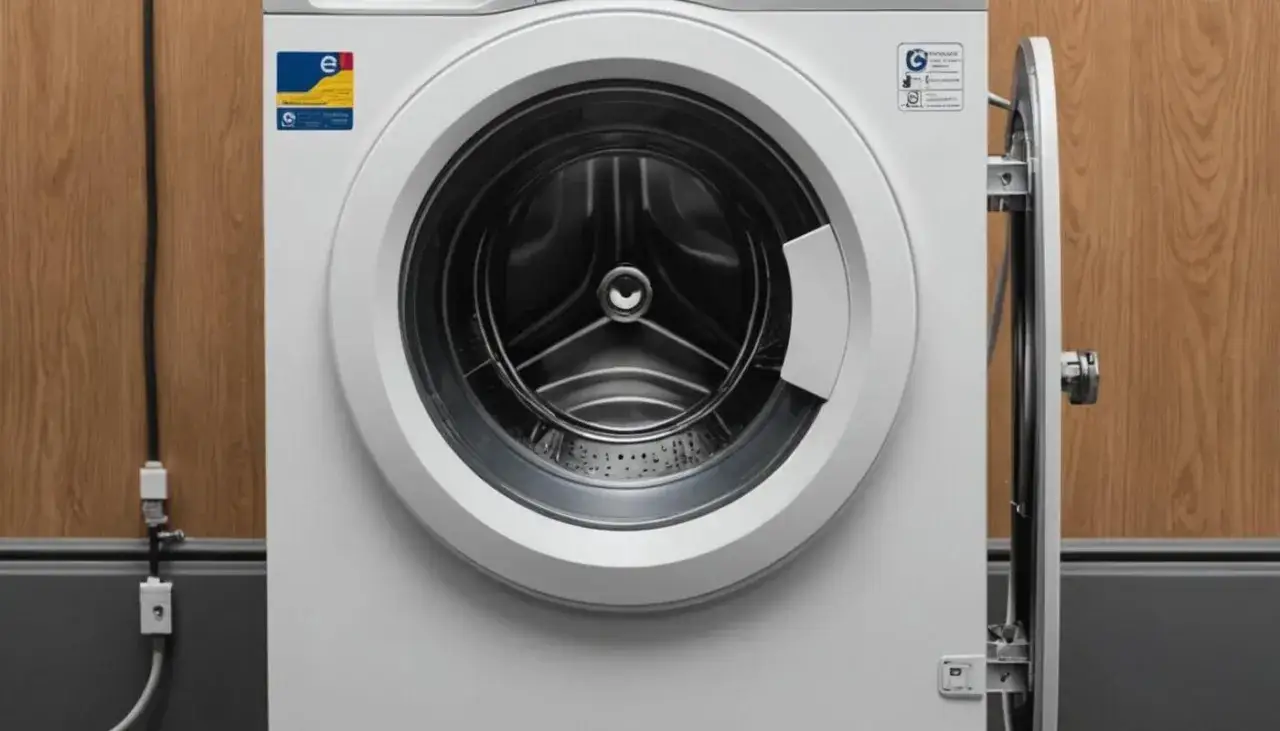 Biała pralka e10 Electrolux z otwartymi drzwiczkami, widoczny bęben. Obok drewniana ściana i kable.
