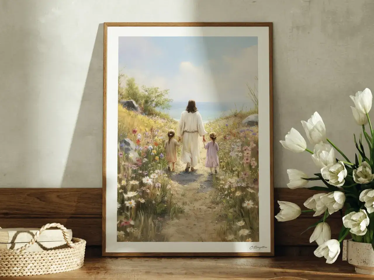 Jesus walks with two young girls through a field of wildflowers toward the ocean, a reminder that God will supply all your needs.