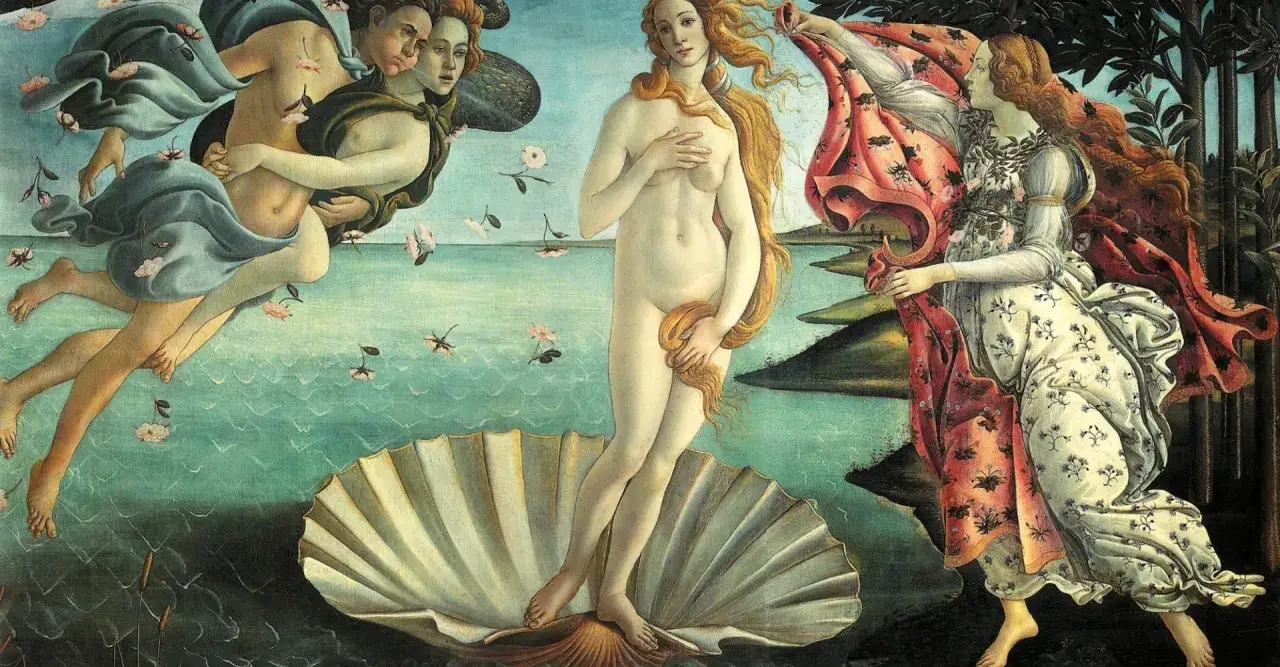 Nascita di Venere, capolavoro della **Gallerie degli Uffizi Firenze**. La dea emerge dal mare su una conchiglia, accolta da Zefiro e da una delle Ore.
