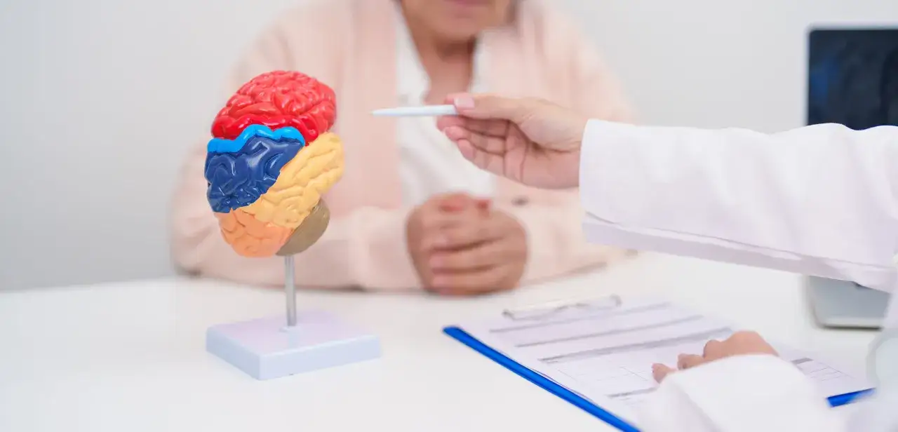 Lekarz omawia z pacjentem model mózgu, wskazując na obszary związane z pamięcią, by wyjaśnić problem zaników pamięci.