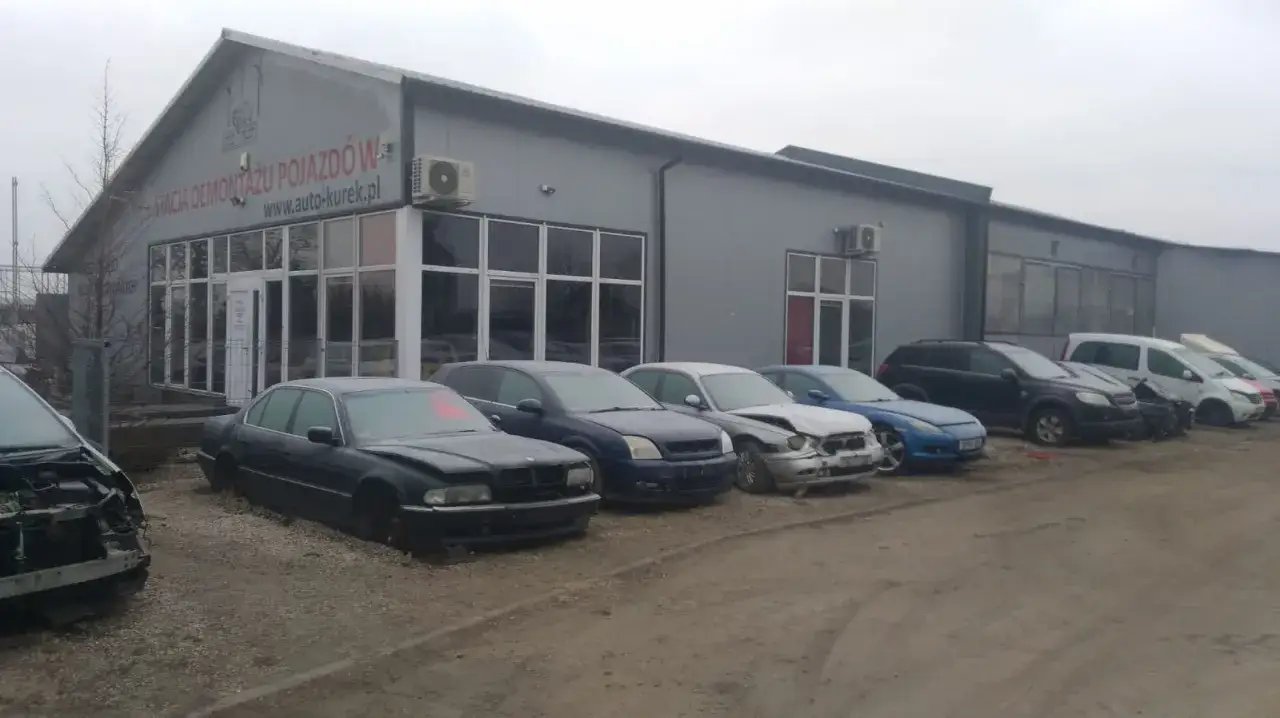 Rząd samochodów na placu auto szrot Zielona Góra. W tle budynek stacji demontażu pojazdów.