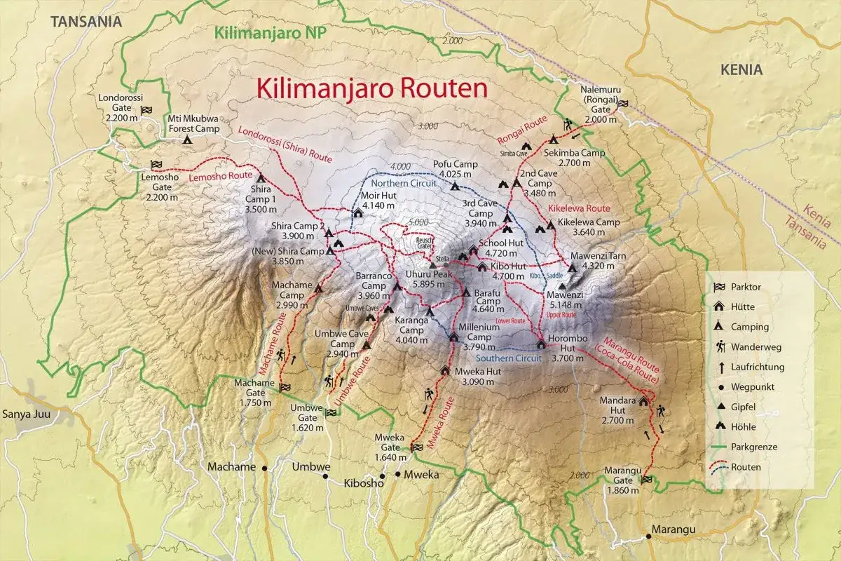 Karte des Kilimandscharo mit Routen wie Machame, Lemosho und Marangu. Ideal für die Planung, Kilimandscharo zu besteigen.