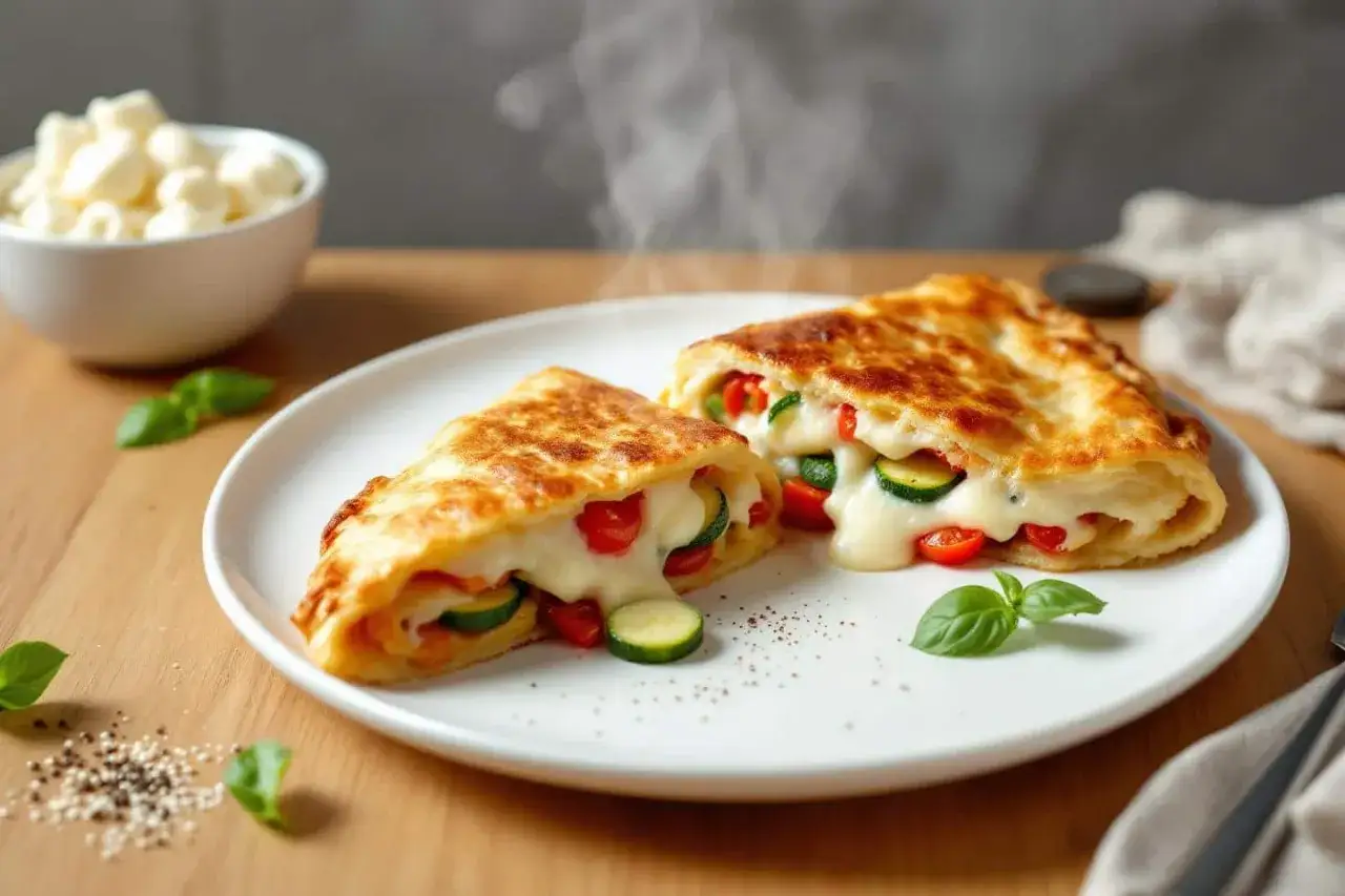 D&eacute;licieux pizza calzone aux l&eacute;gumes et fromage fondant, fumant sur une assiette blanche.