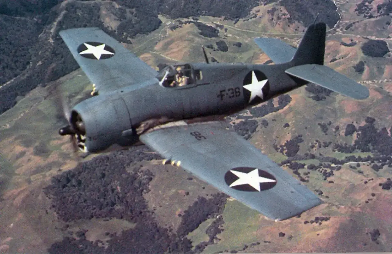 F6F Hellcat fliegt über hügelige Landschaft. Das Flugzeug trägt Sternenmarkierungen und die Kennung F-36.