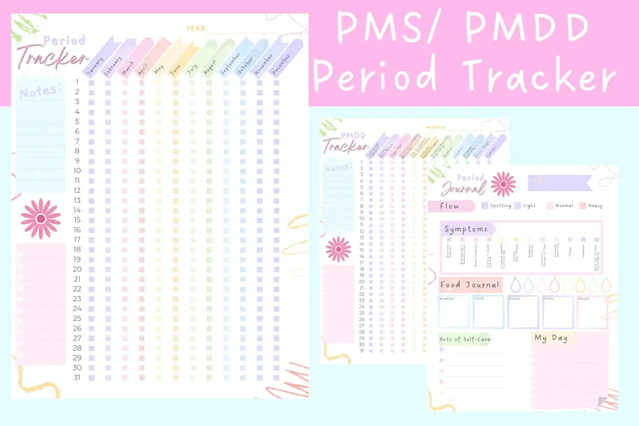 Śledzenie objawów PMDD i cyklu menstruacyjnego. Dziennik okresowy pomaga w leczeniu PMDD, notując nastrój, objawy i dietę.