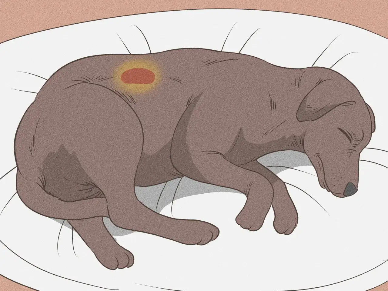 Un chien brun dort sur un coussin blanc, une tache rougeoyante sur son dos. Il me réveille la nuit pour faire ses besoins.