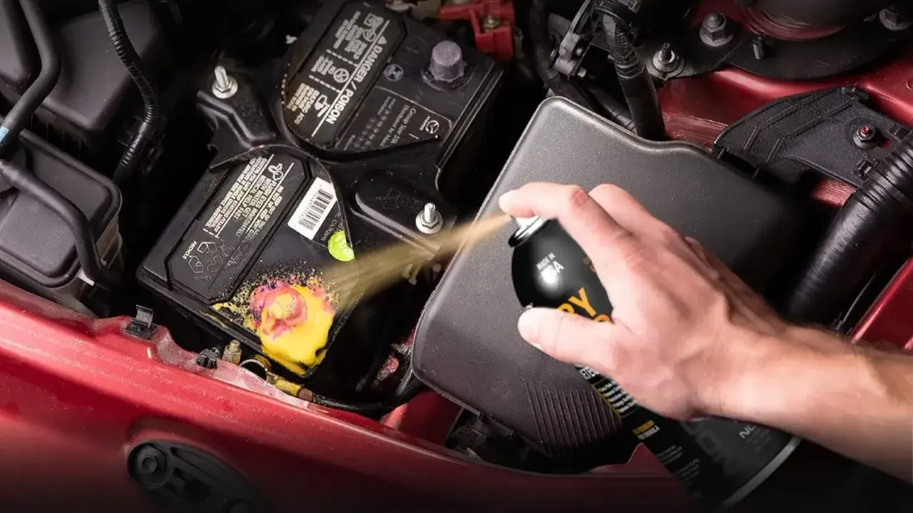 A hand sprays a car battery with corrosion. Can a car battery last 10 years? Proper maintenance helps.