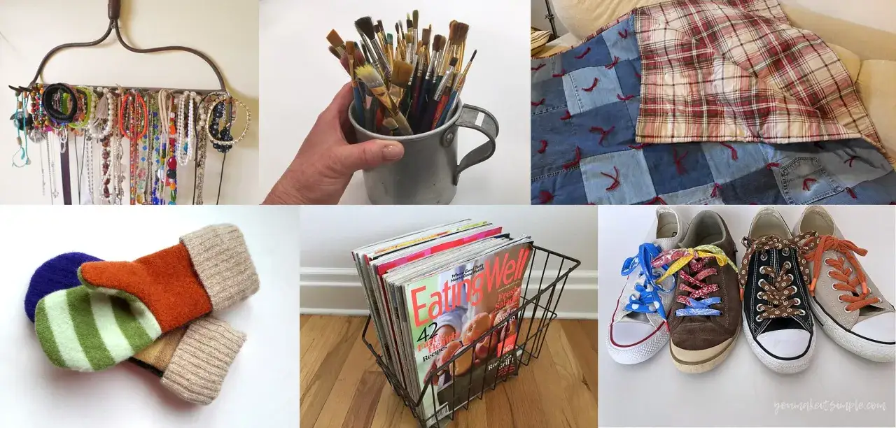 Kreatywne **upcycling**: biżuteria na grabiach, pędzle w kubku, patchworkowy koc z dżinsu, rękawiczki z recyklingu, gazety w koszyku, kolorowe sznurówki.