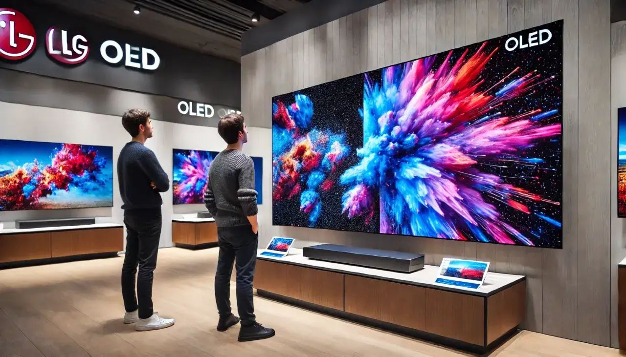 Dwóch mężczyzn ogląda telewizory OLED z żywymi obrazami. Jeden z nich ma matrycę TN, która zapewnia doskonałe kolory.