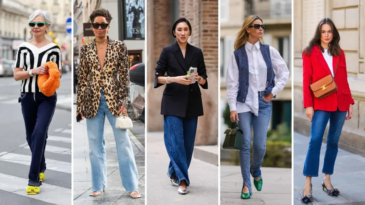 Cinque donne sfoggiano un outfit ufficio jeans: blazer animalier, giacca nera, gilet blu, giacca rossa.