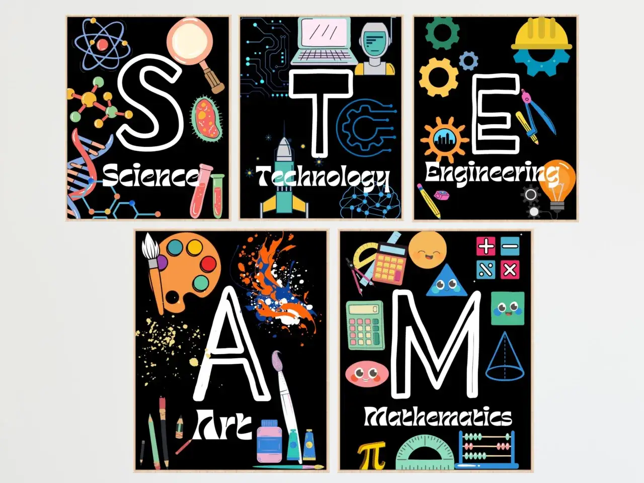 P&oacute;sters educativos: S de Science, T de Technology, E de Engineering, A de Art y M de Mathematics. &iexcl;El **stem steam** inspira!