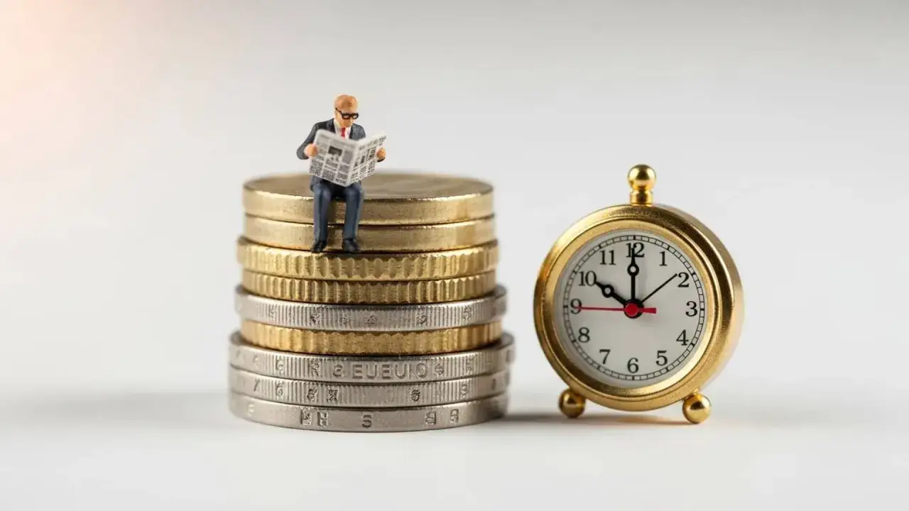 Un hombrecito sentado en monedas lee el periódico. El tiempo es oro para invertir 10 euros en bolsa.