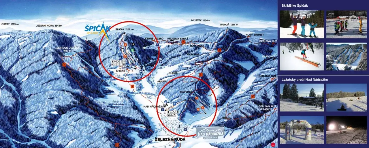 Detailkarte des Spicak Skigebiet mit Pisten, Liften und H&uuml;tten.