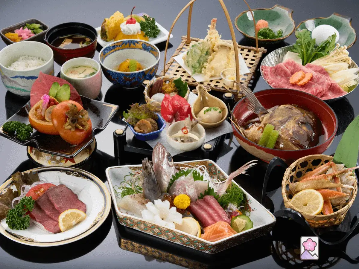 Bogactwo japońskiego jedzenia: świeże sashimi, tempura, wołowina sukiyaki, zupa rybna i owoce.
