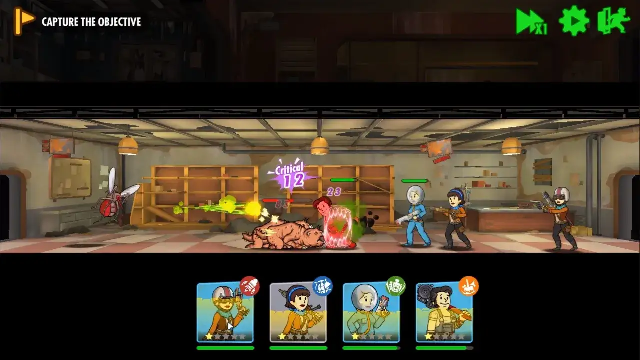Wojownicy z Fallout Shelter Online walczą z potworem w zniszczonym pomieszczeniu.