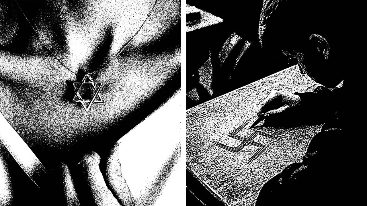 En Davidstj&auml;rna b&auml;rs n&auml;ra hj&auml;rtat, medan en svastika ritas. En p&aring;minnelse om att antisemitismen idag fortfarande &auml;r en verklighet.