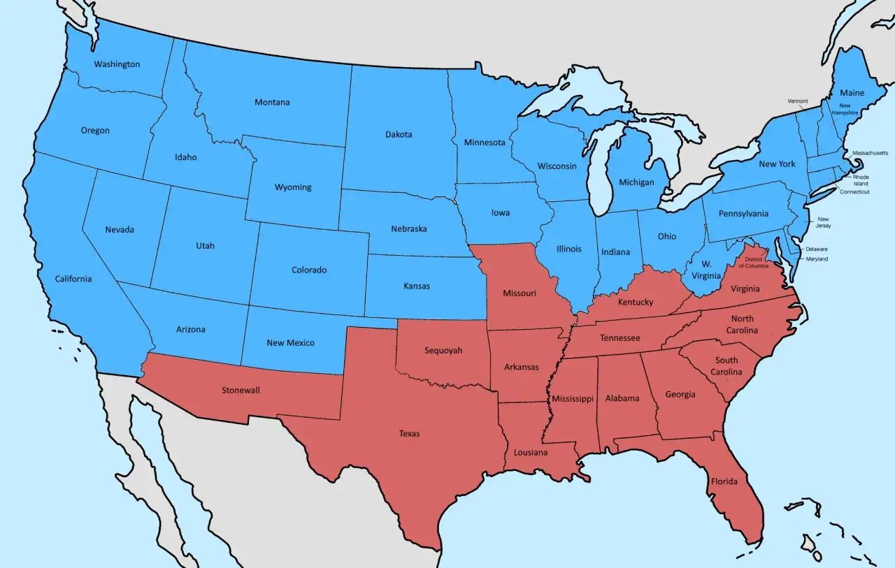 Mapa USA z podziałem na stany w czasie wojny secesyjnej. Na czerwono stany Konfederacji, na niebiesko Unii.