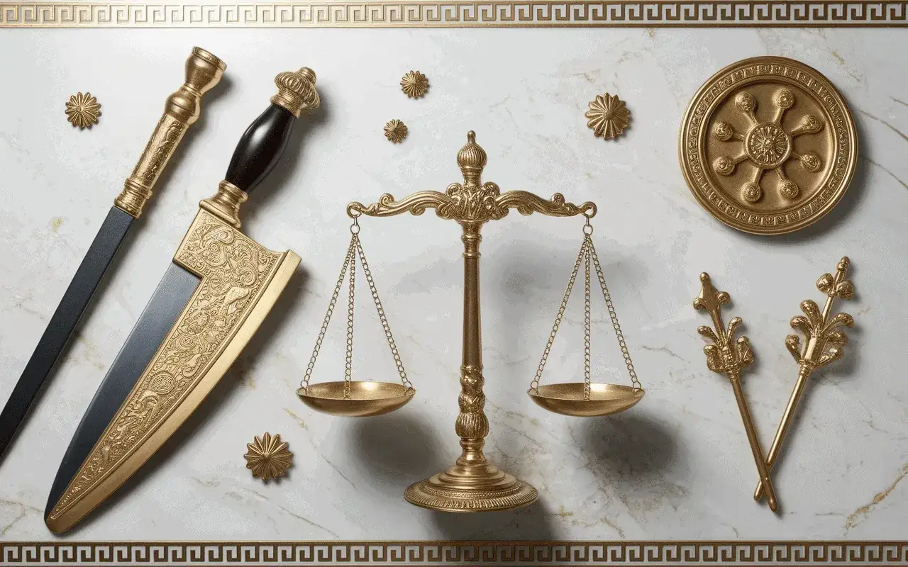 Balance de justice dor&eacute;e, &eacute;p&eacute;e orn&eacute;e, symboles de la loi. La **n&eacute;m&eacute;sis d&eacute;finition** est ici incarn&eacute;e par ces objets, &eacute;voquant la justice divine et la r&eacute;tribution.