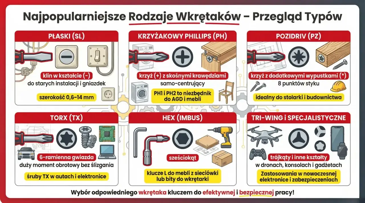 Przegląd popularnych typów wkrętaków: płaski, krzyżakowy, Pozidriv, Torx, Hex (imbus) i specjalistyczne. Bity do śrub w autach i elektronice.