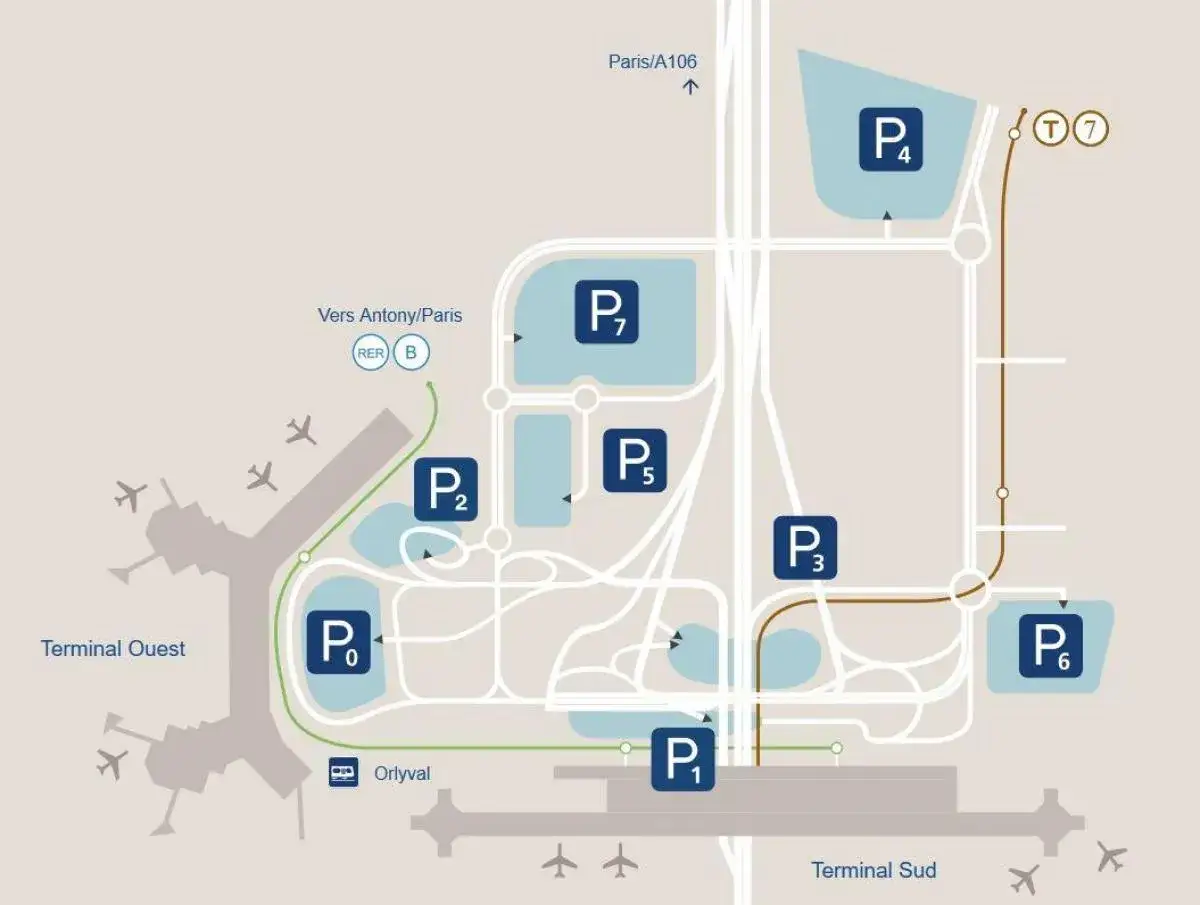 Mapa lotniska Orly z terminalami, parkingami (P0-P7) i drogami. Widać też połączenie RER B i Orlyval.