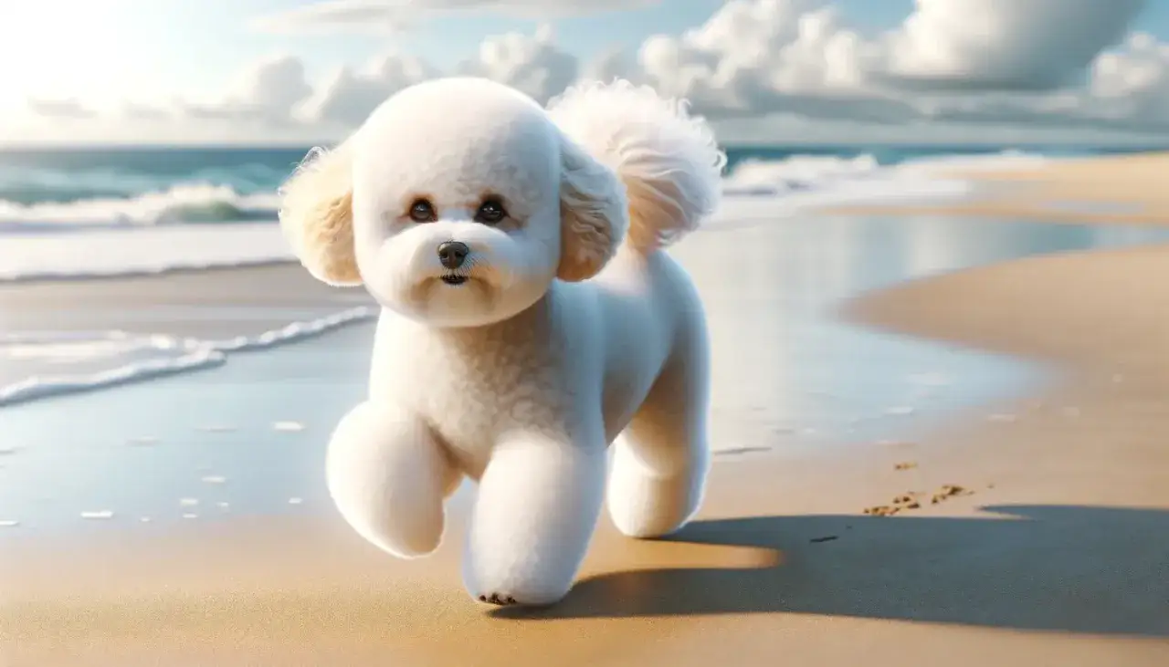Uroczy bichon frise brązowy spaceruje po plaży, ciesząc się słońcem i falami.