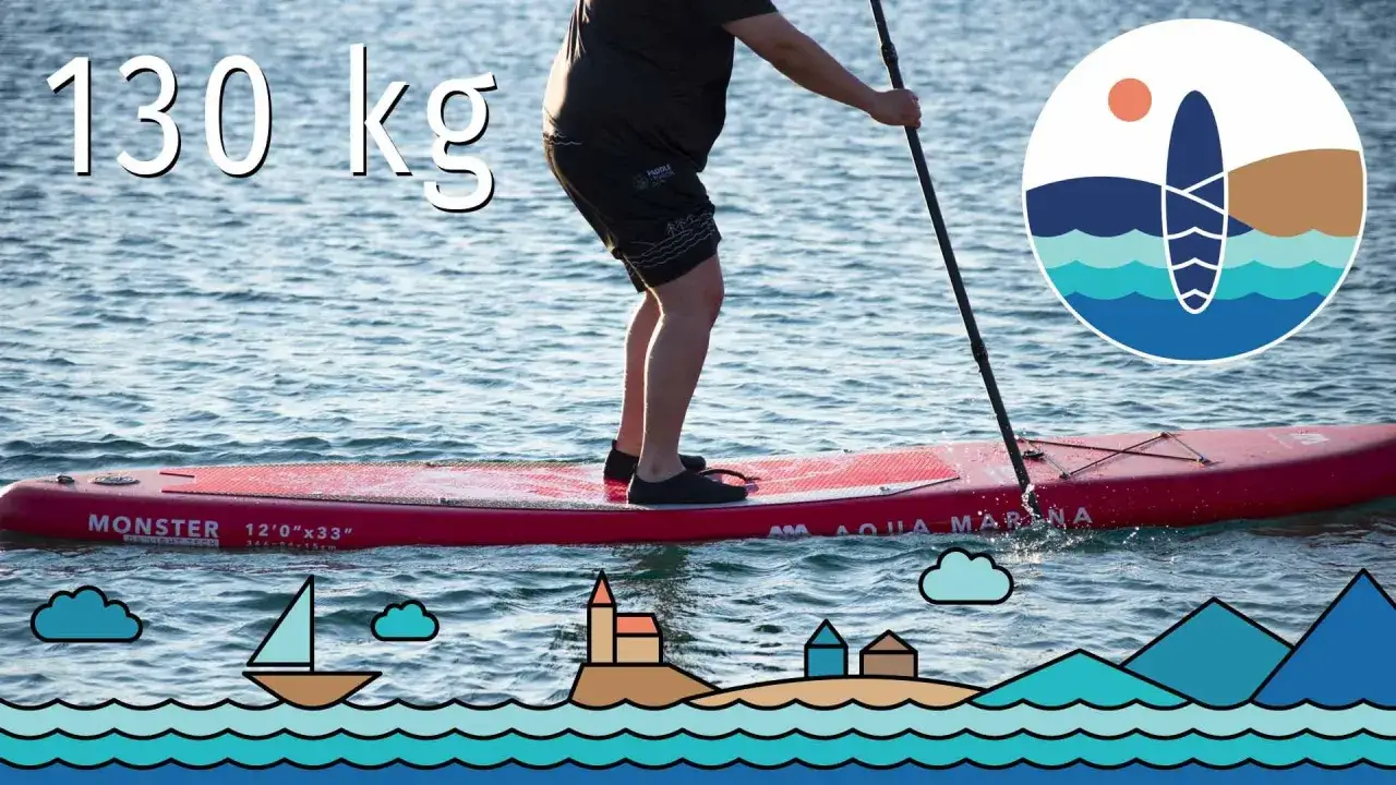 Stand up paddling: 130 kg Person auf rotem Board. Vor- und Nachteile des SUP-Sports. Illustrationen von Boot, H&auml;usern und Bergen.