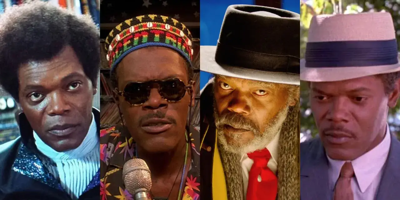 Samuel L. Jackson w czterech różnych rolach filmowych. Od afro do kapeluszy, jego ikoniczne kreacje w **samuel l. jackson filmy**.