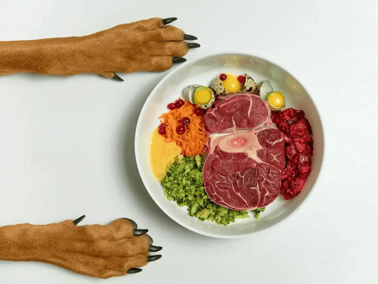 Patas de perro listas para disfrutar de un plato de comida natural para perros: carne, huevos de codorniz, zanahoria y brócoli.