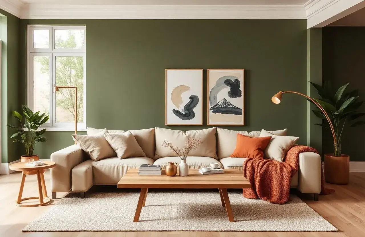 Gemütliches Wohnzimmer mit beiger Couch, Holztisch und Kunstwerken. Orange Kissen und Decke setzen Akzente. Welche Farbe passt zu Oliv? Hier wird es gezeigt!