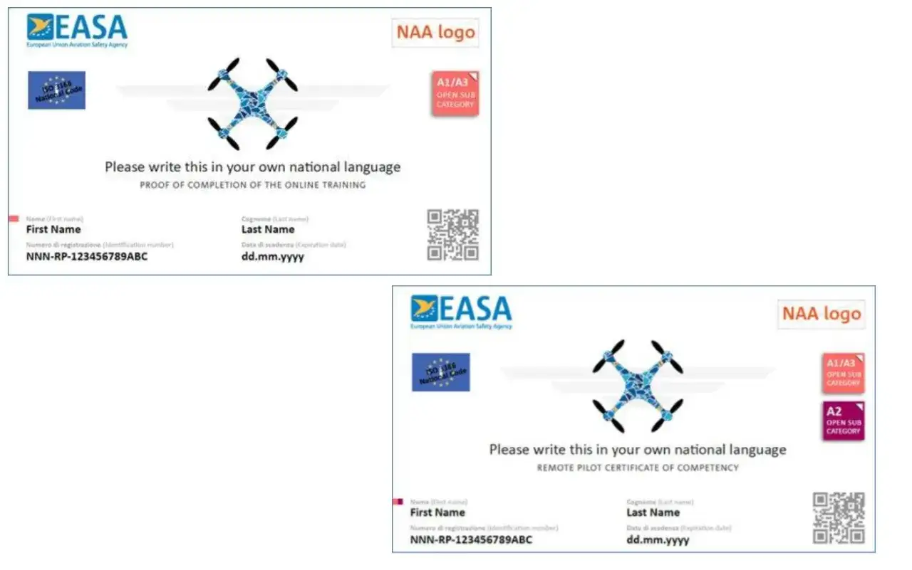 Certificati EASA per droni: quando serve il patentino per il drone. Due attestati di completamento formazione online e certificato di competenza pilota remoto.