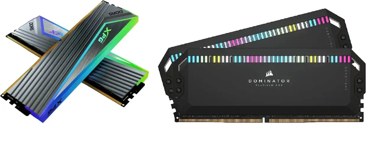 Zwei DDR5-RAM-Module, eines mit XPG-Logo und Farbverlauf, das andere ein schwarzer Corsair Dominator mit RGB-Beleuchtung. Die Frage