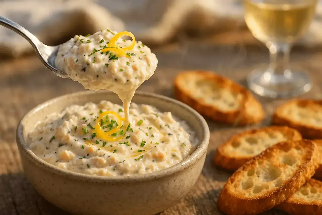 Une cuill&egrave;re de rillettes de la mer cr&eacute;meuses, garnies de persil et de zeste de citron, pr&ecirc;tes &agrave; &ecirc;tre d&eacute;gust&eacute;es avec des cro&ucirc;tons.