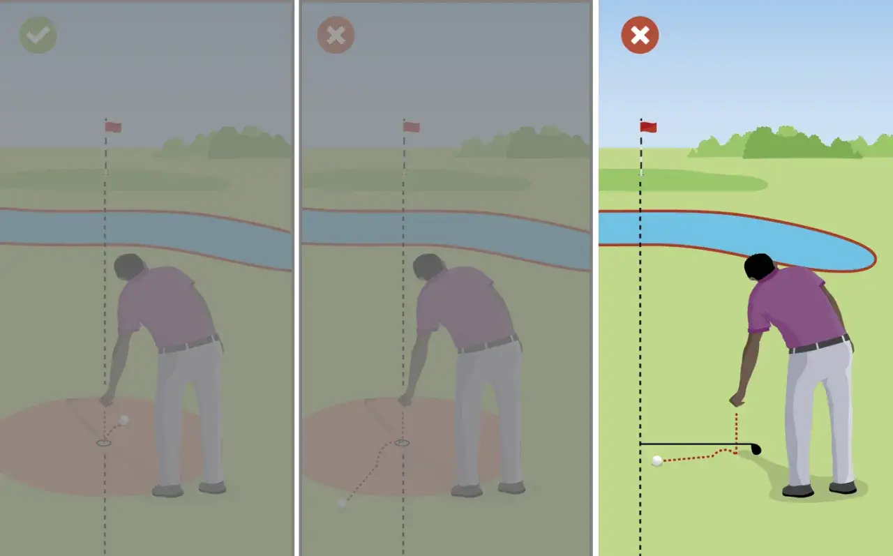 En golfare &ouml;var sin putta. Bilden visar tre olika scenarion f&ouml;r hur man kan putta en golfboll.