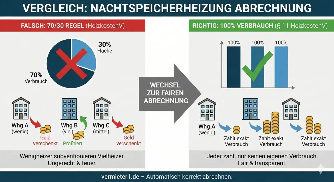 Vergleich der Heizkostenabrechnung: Falsche 70/30-Regel vs. richtige 100% Verbrauchsabrechnung. So wird fair abgerechnet.