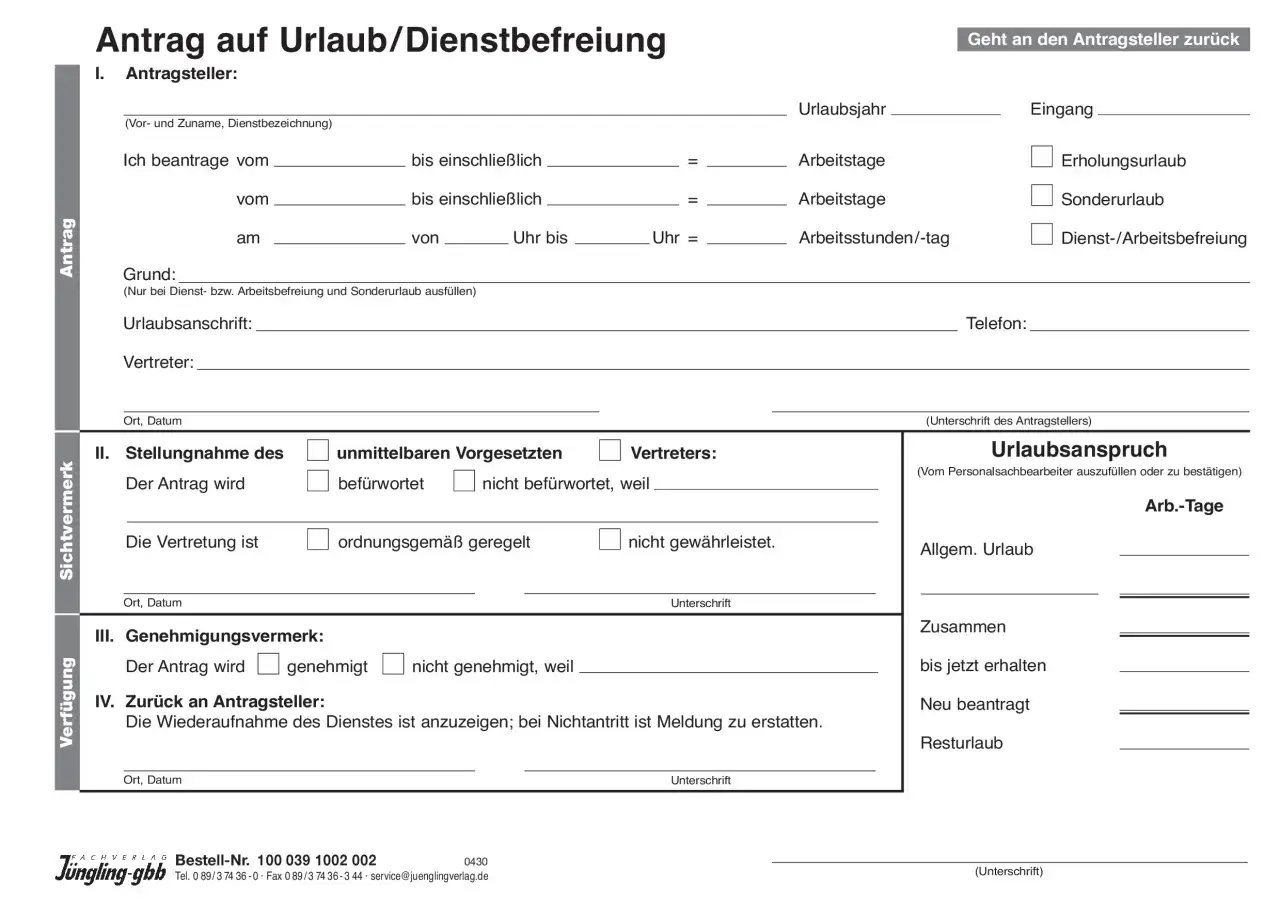 Antrag auf Urlaub/Dienstbefreiung: Formular zum Ausf&uuml;llen, um Urlaub zu beantragen. Enth&auml;lt Felder f&uuml;r pers&ouml;nliche Daten, Urlaubszeitraum und Genehmigung.