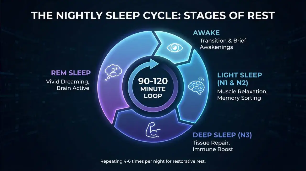 Diagram of the sleep cycle, showing stages like REM sleep, light sleep, and deep sleep. Learn how to improve REM sleep for vivid dreaming and brain activity.